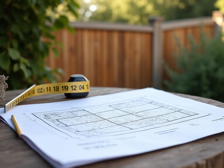 A timber garden boundary fence beside a printed title plan and measuring notes on a London property