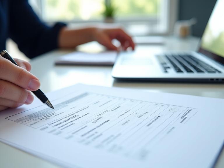 A person completing a legal enquiry form beside a laptop and paper notes at a bright office desk