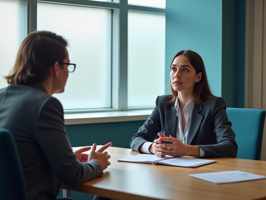 A professional speaking confidentially with an adviser in a private London meeting room